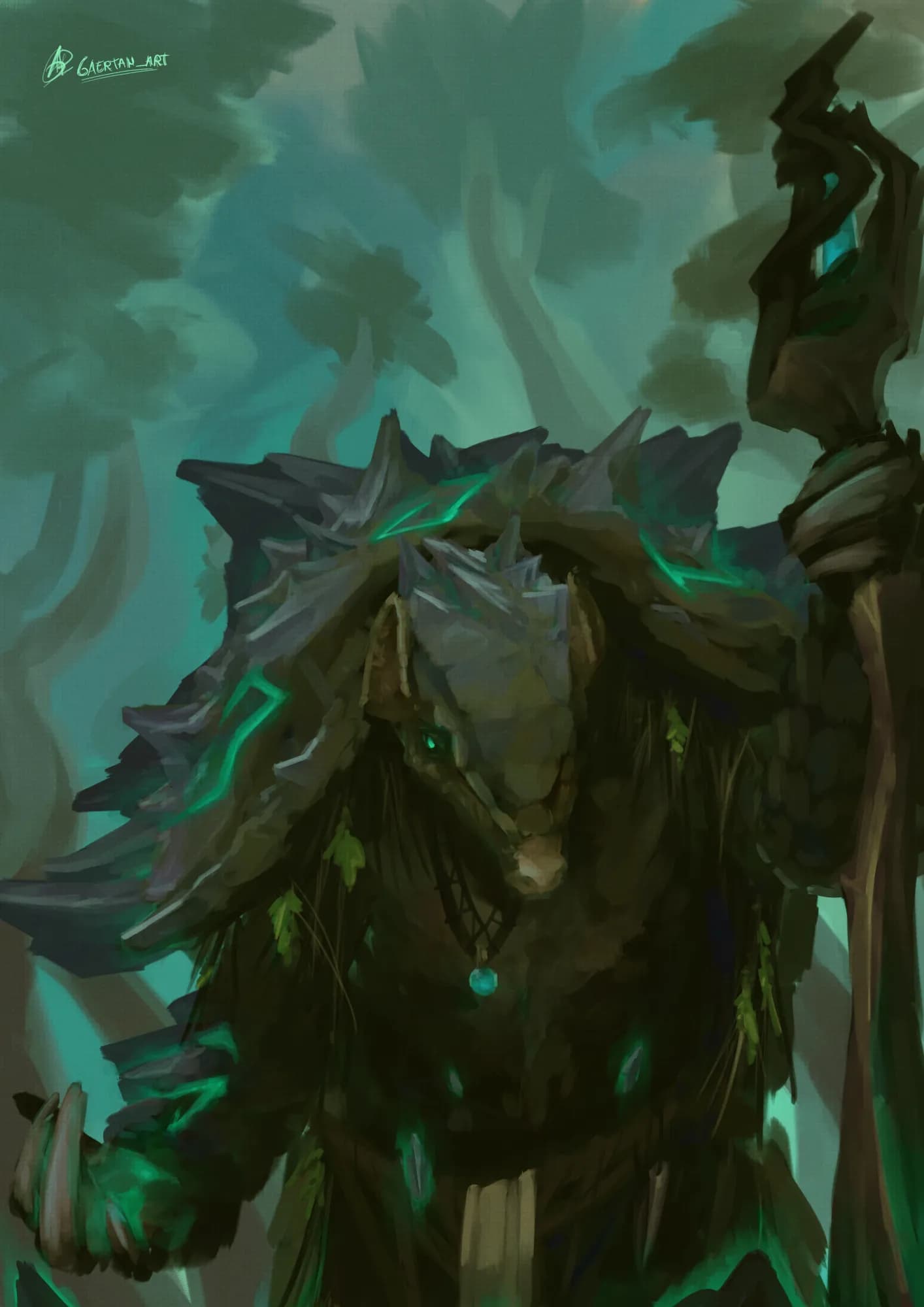 digital illustration depicting an anthropomorphic armadillo, standing on a staff in the middle of a forest. They have stone plates alongside the regular scale plates that armadillos have, and can be seen sporting a glowy orb necklace, intrincate knotting on rope clothing and some leaves on really long hairs underneath the "armor plates". Some green glowing runes are scattered around the stones.