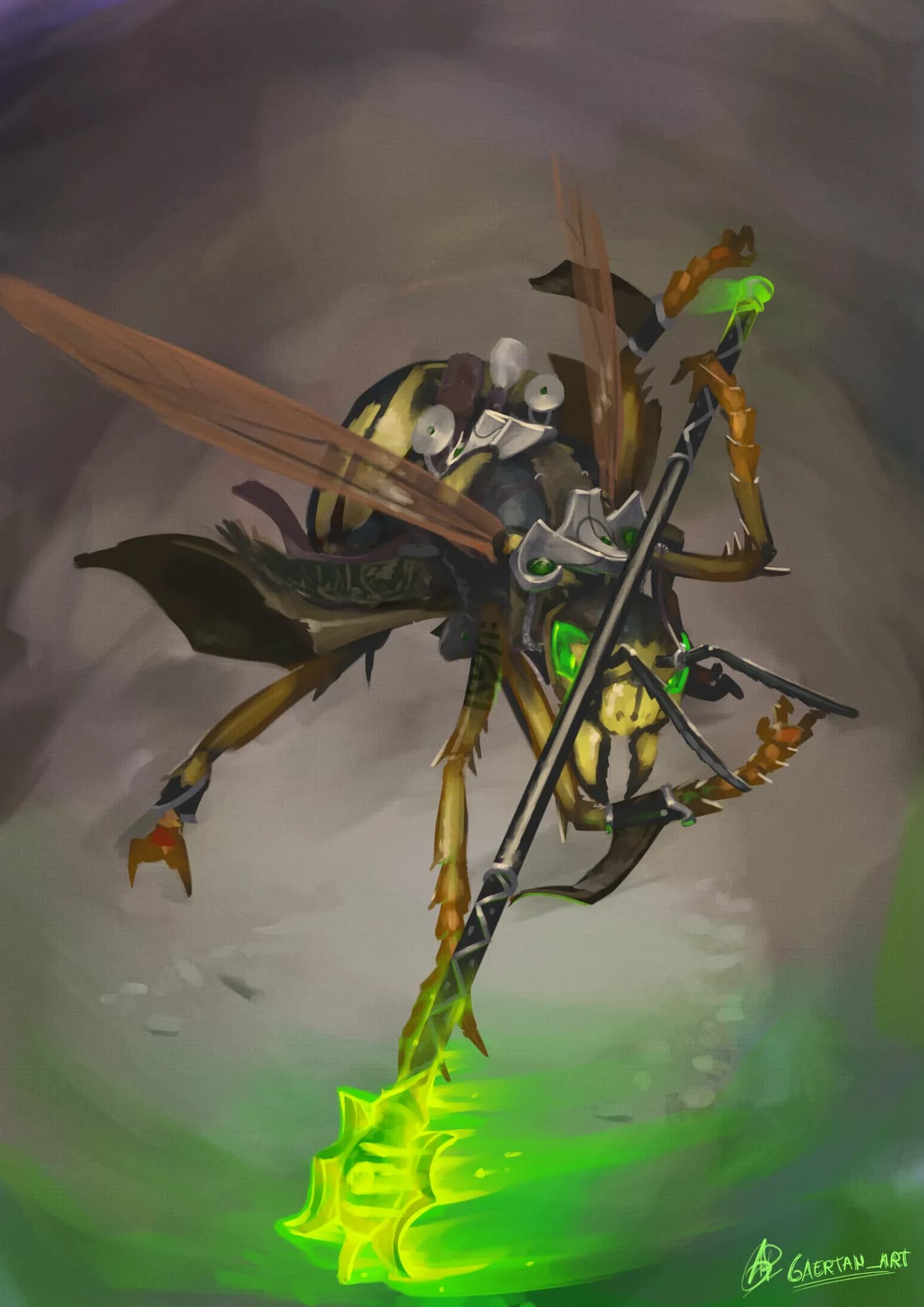 digital illustration depicting an anthropomorphic wasp, in a not very detailed stony enviroment,doing a martial art charge and dodging downwards toward the "camera",  wielding a two handed blunt staff with a triple bladed bigger head, which is glowing green while it moves, in a circular motion above the character's head
