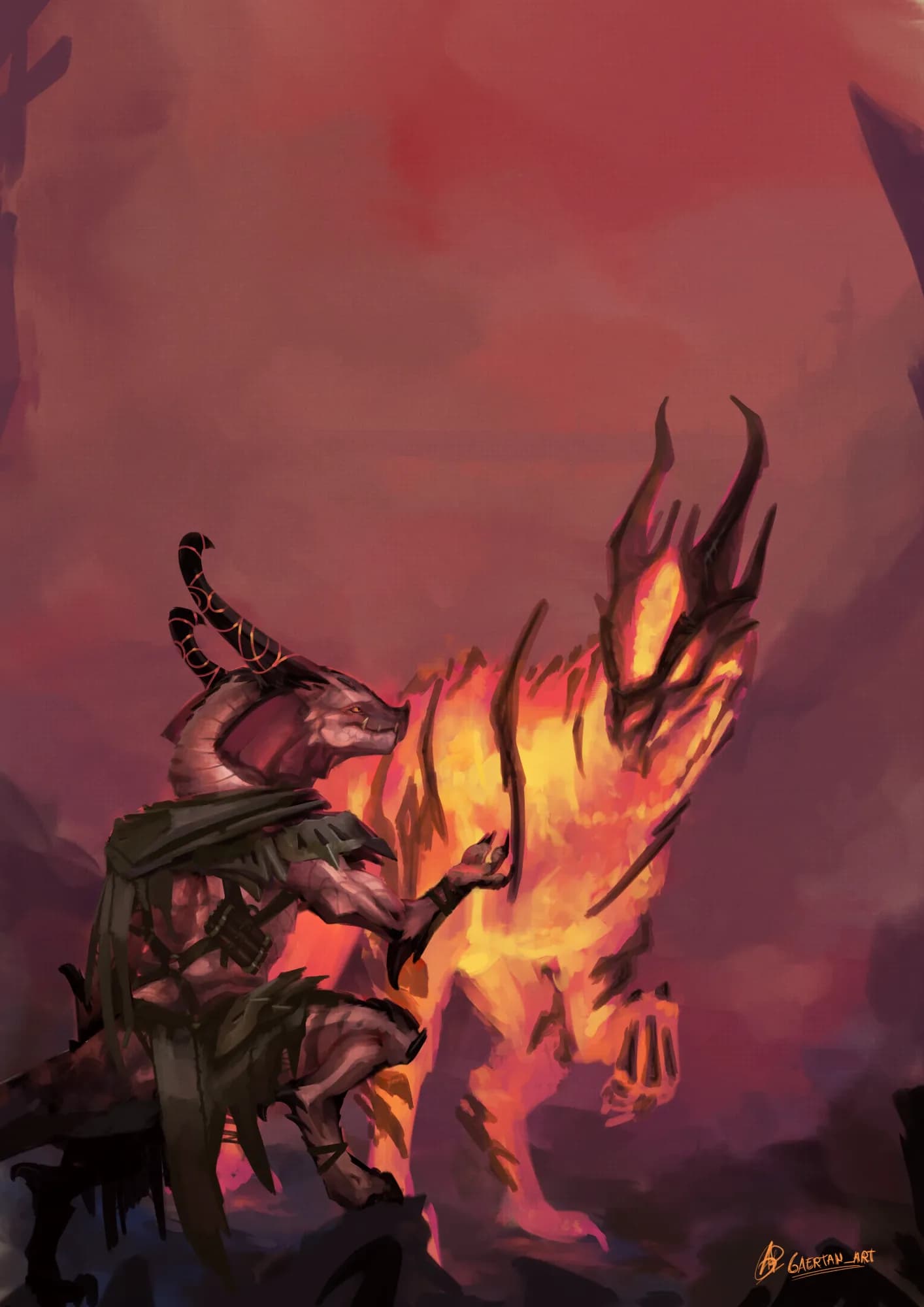 digital illustration depicting a kobold( an anthropomorphic lizard person) wearing ragged clothing and spiky metal plates, along straps of leather holding them in place, and some magic scrolls on the body side. The kobold also has some side frills on the sides of the head, fiery curved runes carved on the horns, and show some black scales scattered around a mostly pinkish body.They are seen offering a hand to a bigger, flame/lava creature, which mostly is curious towards the kobold,head tilted to a side.