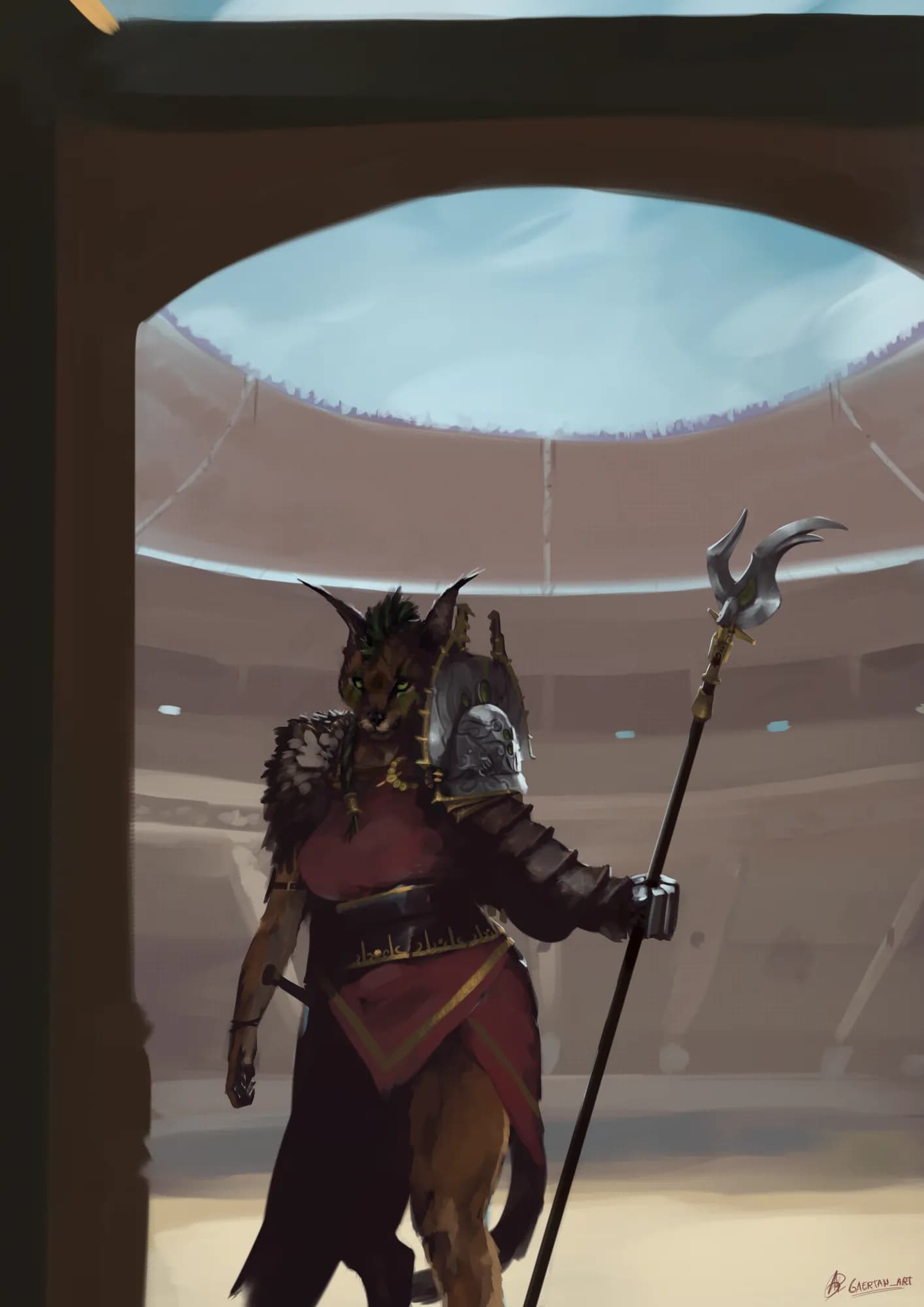 digital illustration depicting an anthropomorphic caracal (a big cat with "hair tufts" at the end of the ears) in the middle of a gladiatorial arena. She appears to be wearing some sort of ceremonial red vest with a leather belt/strap, as well as a feathery cape, and a gladiatrix metal and leather left arm, while holding a bident("twin headed spear"). She also has a braided mohawk-style hairstyle, which has been dyed green,and a holstered weapon, below the right arm.  