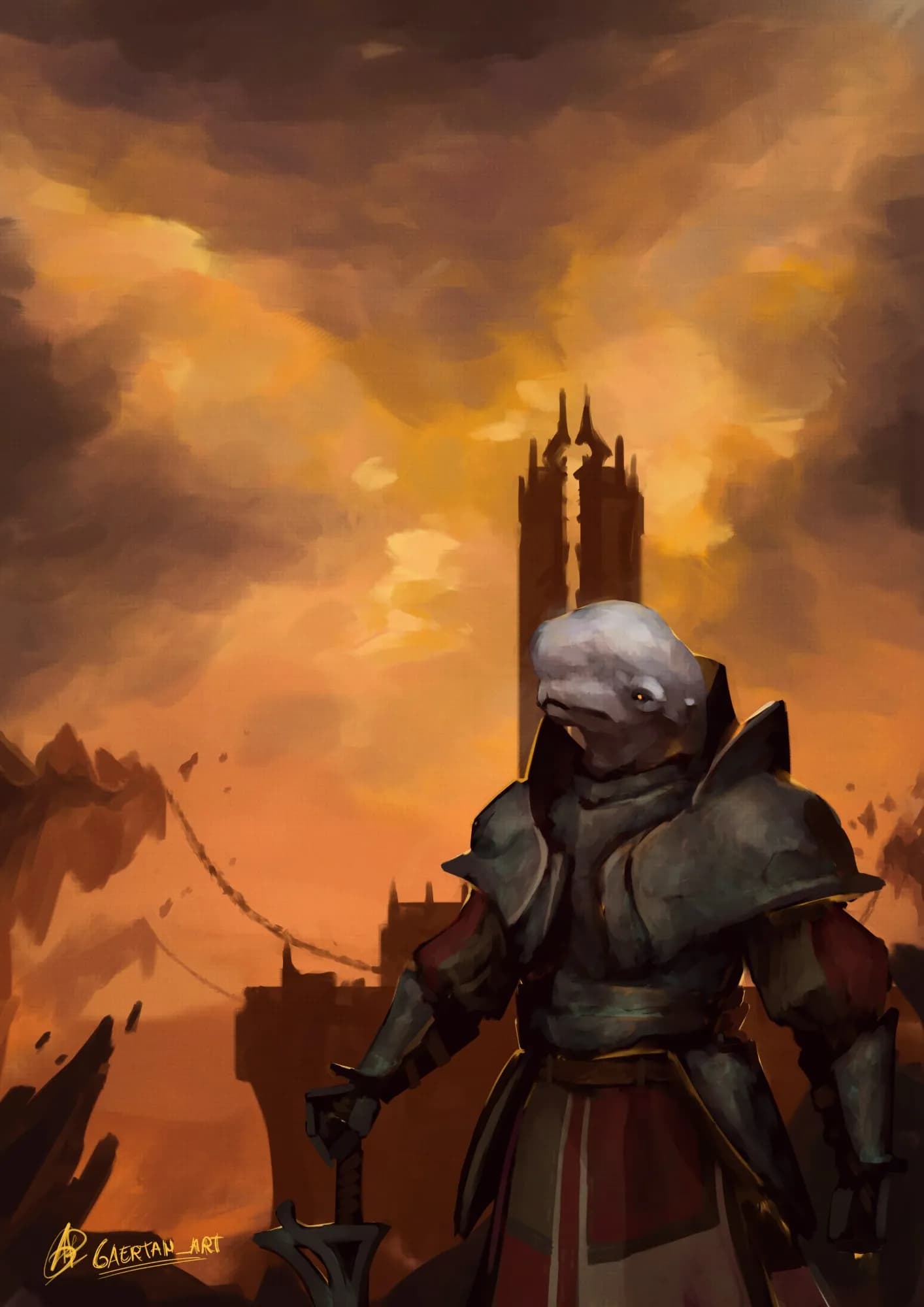 digital illustration in an oil painting style depicting an anthropomorphic beluga in a medieval-looking fantasy plate armor, which is mainly plain, and a ceremonial clothing piece over the lower part and upper arms, stoicly looking towards a side while holding the pummel of a sword, which is top-down from the floor. On the background, some sort of fiery enviroment can be seen, with a spiky fortress held together by chains to the ground, where some floating stones surround it.