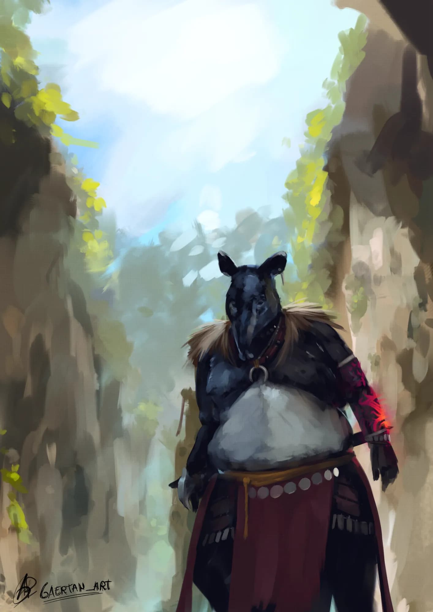 A digital illustraion of an anthropomorphic tapir in tribal clothing, in the middle of a mountaintop's crevice with a temple in the background.He is a larger body type, and has a glowing left arm, his right arm holding a sword on his back.
