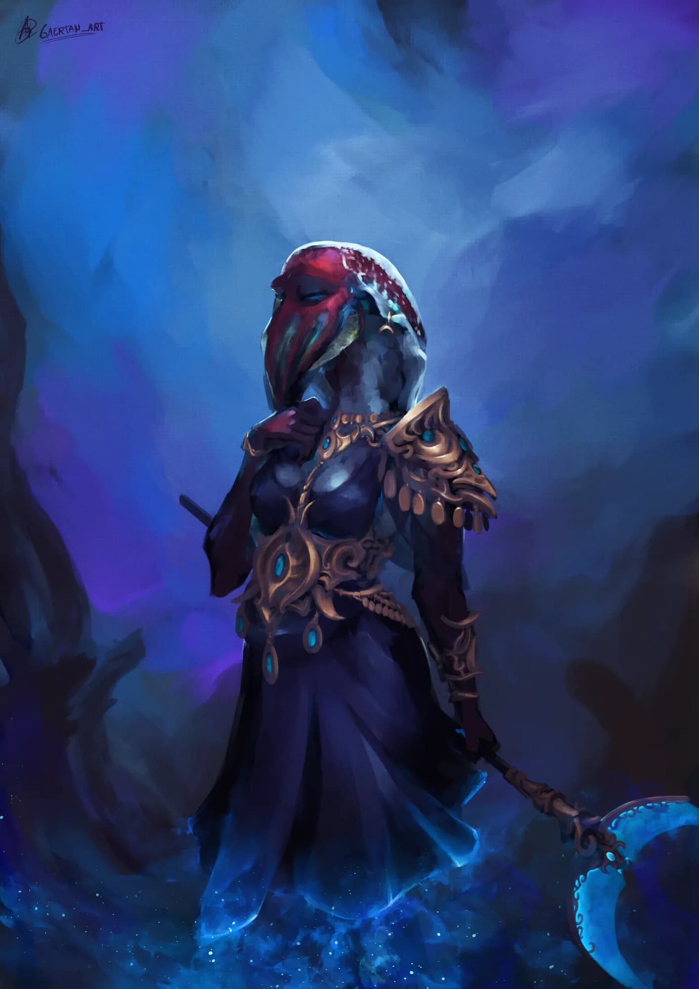 digital illustration depicting an anthropomorphic red and white cuttlefish. She is in the middle of an unspecified,painterly enviroment in blue,violet and gray enviroment, wearing violet-black robes heavily adorned with gilded accessories, including, but not limited to: Pauldrons,armbands, encrusted oval gems, several chains with dangling circles, and a ring. She is holding a staff downwards towards a side, while having her left arm close to her chest in a relaxed fashion, with closed eyes. Several glowy particles and blue mist is appearing around her from the bottom part of the dress, as if it was stars slowly encasing her. 