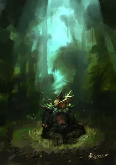 Digital illustration depicting an anthropomorphic horned frog in the middle of a forest, sitting in a mushroom circle cross-legged with their eyes closed. They are wearing some tattered old robes adorned with several mossy wooden bark shoulderguards, some necklaces and adornments made out of stones.Around the frog, which is illuminated by a beam of light, some stones appear to be floating from an invisible spellcast.