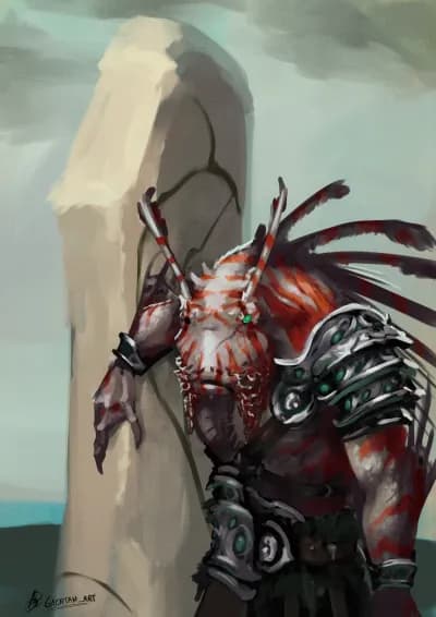 digital illustration depicting an anthropomorphic lionfish(a teal and red fish, that has several rows of spikes and fins), as a bulky barbarian. He appears to be in some sort of acuatic ancient ruins, wearing somewhat ritualistic metal light armor, and a leather and kelp tassel/loincloth underneath, resting himself against a giant stone carved monolith. He has a red scales beard and is missing his right eye, and shows several scars across his body, with the left eye glowing a bright green.