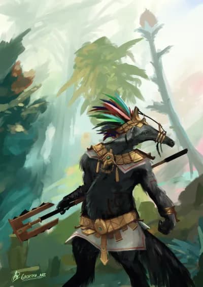 digital illustration in a painterly style depicting an anthropomorphic anteater, in the middle of a colorful jungle. They are seen looking towards a side, and are wearing a mesoamerican inspired fantasy oufit, complete with an obsidian encrusted two handed axe, gilded feathered headdress, and gilded belt and collar