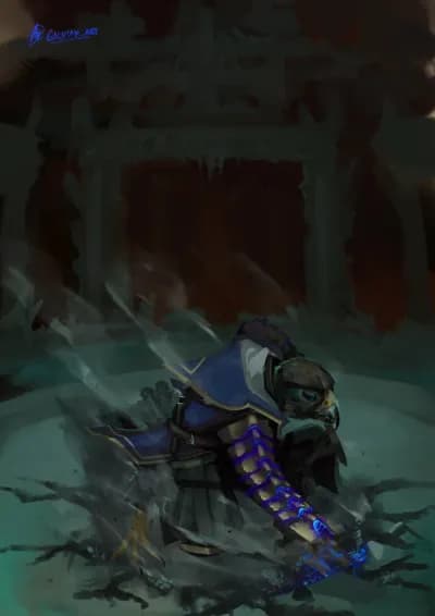 digital illustration depicting an anthropomorphic peregrine falcon in the middle of some malevolent spiky underground temple, the character appears to be in a "superhero landing" pose, kinda kneeling with a hand on the ground, a smoking crater around them, and blue sparks around the right hand(the one that's on the ground). They are wearing blue wizard clothing with gilded trims/details,and bronze segmented plate armor on both arms, that have inner blue glow(they appear to be made for channeling lightning spells).