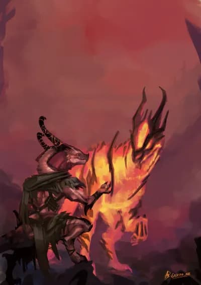 digital illustration depicting a kobold( an anthropomorphic lizard person) wearing ragged clothing and spiky metal plates, along straps of leather holding them in place, and some magic scrolls on the body side. The kobold also has some side frills on the sides of the head, fiery curved runes carved on the horns, and show some black scales scattered around a mostly pinkish body.They are seen offering a hand to a bigger, flame/lava creature, which mostly is curious towards the kobold,head tilted to a side.