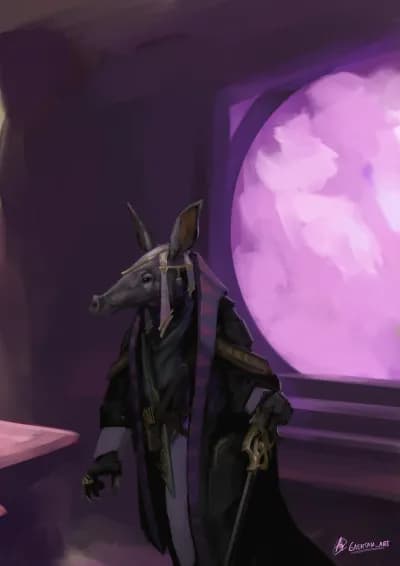 digital illustration of an anthropormorphic aardvark (a "rabbit-like creature with long snout) inside a cabin in a violet enviroment. they are walking on an ornate cane, and sport some jewelry, as well as some equally ornate  robes/clothing. They have a ceremonial white and gold hairdress, and have a "speak with dead" board and a card deck on a sash underneath the outer robes.