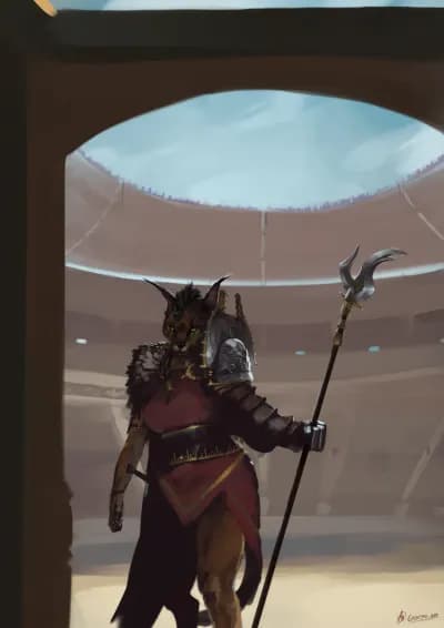 digital illustration depicting an anthropomorphic caracal (a big cat with "hair tufts" at the end of the ears) in the middle of a gladiatorial arena. She appears to be wearing some sort of ceremonial red vest with a leather belt/strap, as well as a feathery cape, and a gladiatrix metal and leather left arm, while holding a bident("twin headed spear"). She also has a braided mohawk-style hairstyle, which has been dyed green,and a holstered weapon, below the right arm.  