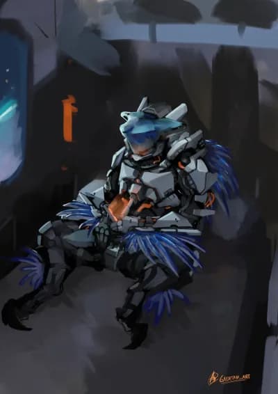 digital illustration of an anthropomorphic blue dragon sea slug, in the middle of a spaceship room, wearing an intrincate white metal-plated spacesuit, laying down on a bed while watching some sort of phone/device