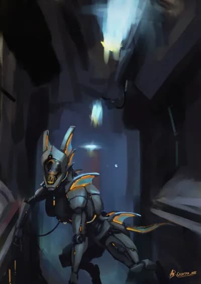 digital illustration in a painterly style depicting an anthropomorphic(digitigrade legs) robot with white smooth casing , leaning towards some controls in a ship , a cable can be seen connected to the body. The robot shows some fin-like shapes at the back of the head ,hips and tail. A sea angel squid(a translucent teal and orange squidlike creature) can be seen inside the head's visor,piloting the suit