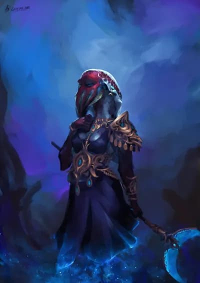 digital illustration depicting an anthropomorphic red and white cuttlefish. She is in the middle of an unspecified,painterly enviroment in blue,violet and gray enviroment, wearing violet-black robes heavily adorned with gilded accessories, including, but not limited to: Pauldrons,armbands, encrusted oval gems, several chains with dangling circles, and a ring. She is holding a staff downwards towards a side, while having her left arm close to her chest in a relaxed fashion, with closed eyes. Several glowy particles and blue mist is appearing around her from the bottom part of the dress, as if it was stars slowly encasing her. 