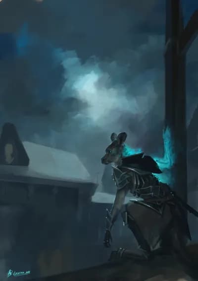 digital illustration showcasing an anthropomorphic kangaroo, kneeling over in some old building attic. They are wearing silver-encrusted rogue armor, somewhat resembling skeleton shapes around the torso, with a long trenchcoat underneath, The right part of the body, on the opposite side to the camera, can be seen turning into a ghost, with bones (translucent as well)