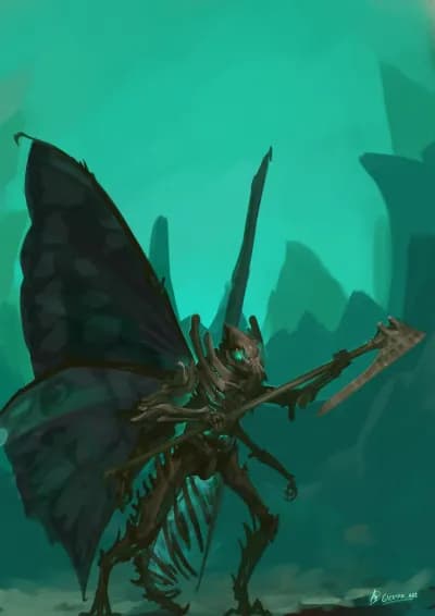 digital illustration depicting an anthropomorphic character which is based off a butterfly, but made entirely out of bones of unspecific animals,holding a giant bone axe, in a teal rocky enviroment.