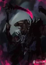 digital illustration depicting an anthropomorphic hyrax, in a dark simple enviroment, they are wearing an ornate,spiked, black and crimson robe with dangling bone and cloth ornaments, they appear to be screaming towards a side while holding a magenta glowing bone scythe