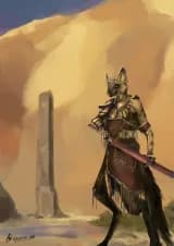 digital illustration depicting an anthropomorphic aardwolf(hyena-like canine, but more slim) , she is standing in the middle of a big desert/dune enviroment, with some ancient rune pillar on the background, in the middle of an oasis. She is wearing a fantasy ornamental/ceremonial battle armor consisting of amaroon robe, with danlging and knotted lace detaisl, as well as gilded armor plates on the right arm, which is going for a curved sword she's got sheathed on the side, with her left hand grabbing it. She is looking defiantly towards the horizon.