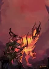 digital illustration depicting a kobold( an anthropomorphic lizard person) wearing ragged clothing and spiky metal plates, along straps of leather holding them in place, and some magic scrolls on the body side. The kobold also has some side frills on the sides of the head, fiery curved runes carved on the horns, and show some black scales scattered around a mostly pinkish body.They are seen offering a hand to a bigger, flame/lava creature, which mostly is curious towards the kobold,head tilted to a side.