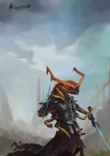 digital illustration of an anthropomorphic scolopendra centipede, wearing a set of gem-encrusted segmented plate armor, with violet and golden trimmed- triangular clothing showing underneat, doing a "fist taunt" towards a side, while wielding a couple of crystal swords with other arms. Some more melee weapons can be seen on their side/back hanging from a belt, and they have a crystal pendant hanging from one of the antennae.