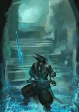 digital illustration depicting an anthropomorphic penguin in a tuxedo,playing a litophone(music instrument similar to a xylophone but made out of stones) while singing, an icy glow can be seen coming from the mouth, and the area around the character is frozen. An ice rapier can be seen floating besides the character,being summoned by the song.