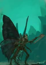 digital illustration depicting an anthropomorphic character which is based off a butterfly, but made entirely out of bones of unspecific animals,holding a giant bone axe, in a teal rocky enviroment.